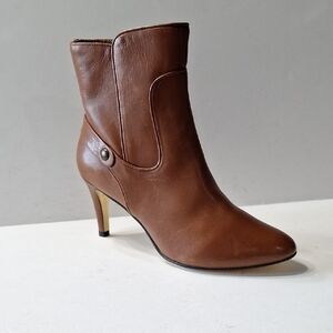 Minelli Brown Leather Made in Brazil Preppy Pointed Toe Heeled Boots Size 37=7US